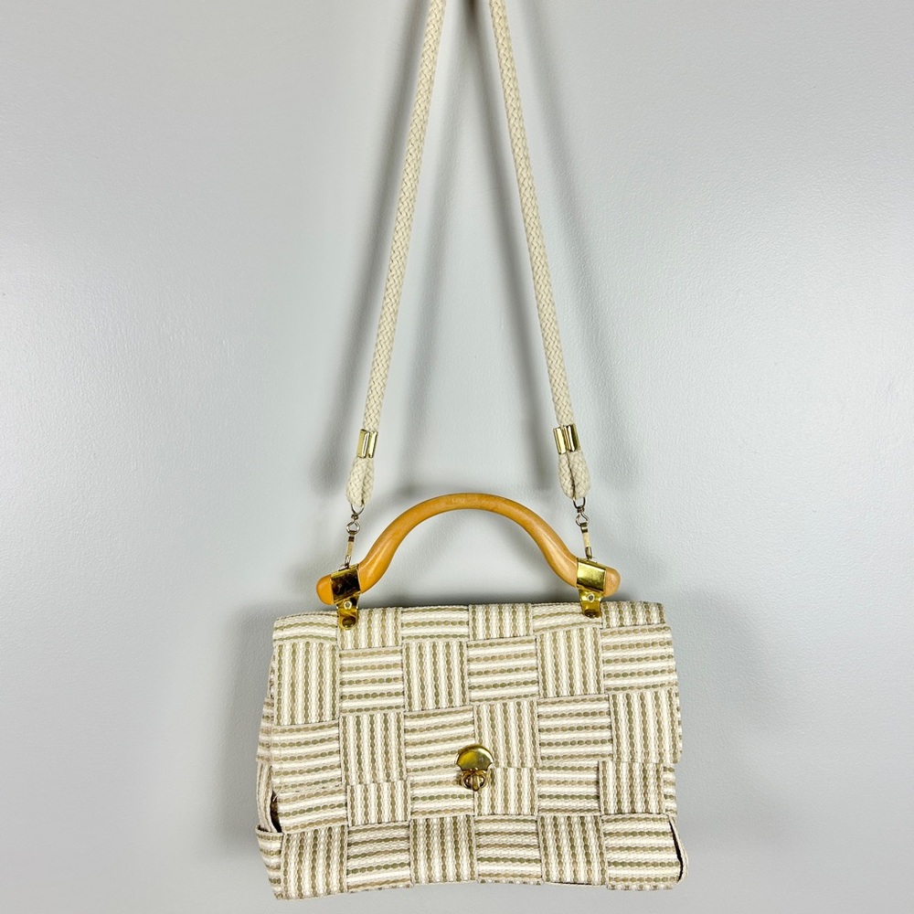 DEBENHAMS Woven‎ Summer Purse Neutral Cream Tan Wooden Handle Old Money Cruise - Picture 3 of 9